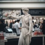Reimagine a white classical Greek statue working as a supermarket cashier passin...