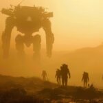 A team of explorers walks into the distance, walking in an S-shape and gradually...