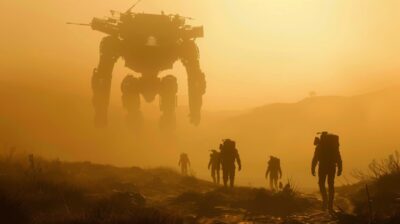 A team of explorers walks into the distance, walking in an S-shape and gradually...