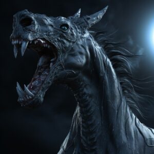 Hyperrealistic style, it is like a horror story, decaying equine watercreature w...