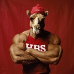 muscular man with a camel head instead, wearing a very chunky large gold chain a...