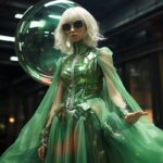 Full body shot, masterpiece, an alien girl in vivid neon green skin with long wh...