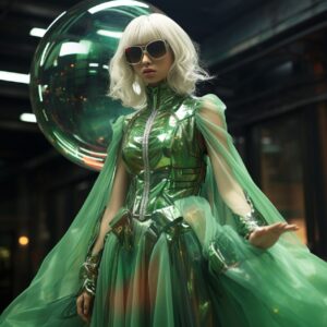 Full body shot, masterpiece, an alien girl in vivid neon green skin with long wh...