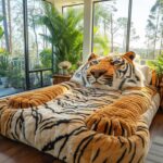 a bed made entirely from giant tiger, Tiger head styled bed head , Orange, black...