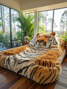 a bed made entirely from giant tiger, Tiger head styled bed head , Orange, black...