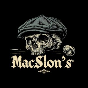 a "MacSlon's" logo emblem, skull, peaky blinders flatcap, sideview, simply aggre...