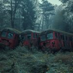 abandoned heavy european electric locomotives graveyard in spooky forest, four o...