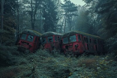 abandoned heavy european electric locomotives graveyard in spooky forest, four o...