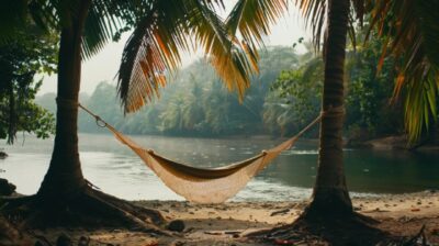 A hammock strung between two palm trees on the beach river's edge, swaying gentl...