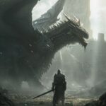 A knight stands side by side with a dragon with a castle in the background, skyl...