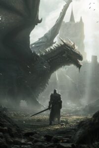 A knight stands side by side with a dragon with a castle in the background, skyl...