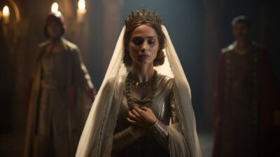 Cine still, portrait shot, a beautiful queen Demetra in throne receiving bad new...
