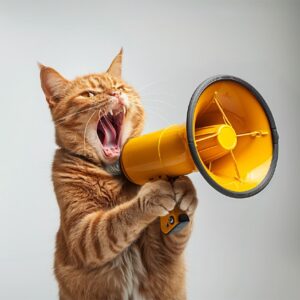 "Дал Бог кошку, дал бы хоть поспать немножко"Funny red cat holds a yellow loudsp...