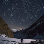 Time - lapse photography, large area circular star Trail, dark night, A man stan...