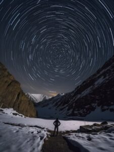 Time - lapse photography, large area circular star Trail, dark night, A man stan...