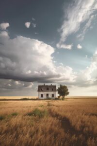 1*/Small white house in the middle of a field, sky, photo, southern european sce...