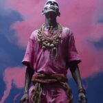 A painted dancing figure standing in front of a violet sky, rituals tribal dance...