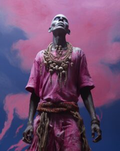 A painted dancing figure standing in front of a violet sky, rituals tribal dance...