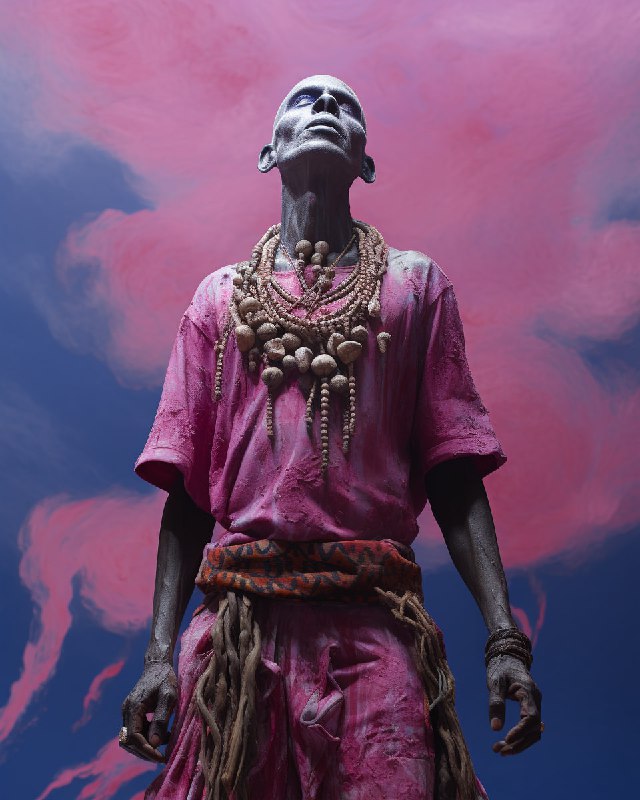 N7CFqwaXUMOkA1hUZEmHtBr42-UFqUnpgU4Nda5RWC43pG41JCyrmgkymIQBaVwIgXr2EWGKbpOt_40xzRQxvHYfndo6fF_g93CU.jpeg A painted dancing figure standing in front of a violet sky, rituals tribal dance...