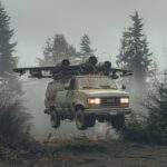 hybrid GMC van with airplane jet engines and wings, camper van with wings flying...