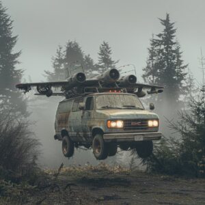 hybrid GMC van with airplane jet engines and wings, camper van with wings flying...