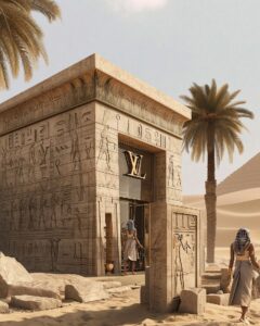 Louis Vuitton shop as an ancient Egyptian temple, Louis Vuitton logo on the faca...