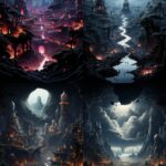 a painting of several hindu Gods hovering meditating over intricate tiny cities ...