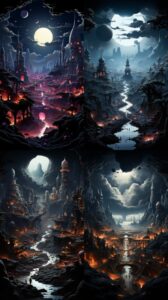a painting of several hindu Gods hovering meditating over intricate tiny cities ...