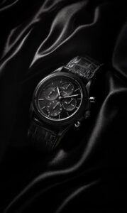 Capture the essence of time in the sleek elegance of a black watch against the c...