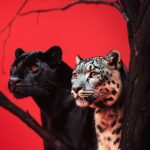 Surrealist Photography: A black panther and a snow leopard on a pure red backgro...