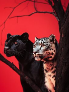 Surrealist Photography: A black panther and a snow leopard on a pure red backgro...