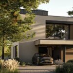 a house with an automobile in front of it, in the style of solarizing master, da...