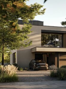 a house with an automobile in front of it, in the style of solarizing master, da...