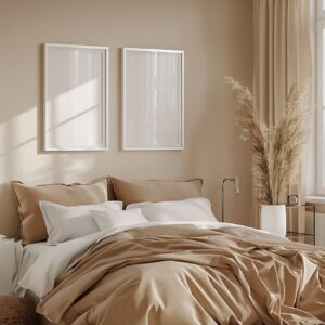 3 large white picture frames on the wall of an elegant bedroom in the mockup sty...