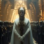 Futuristic deep white - gold AI humanoid priest stands facing a massive crowd, d...
