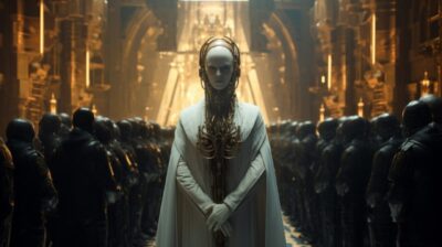 Futuristic deep white - gold AI humanoid priest stands facing a massive crowd, d...