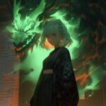 a lady standing by herself in front of a green monster, in the style of ilya kuv...