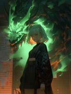 a lady standing by herself in front of a green monster, in the style of ilya kuv...