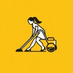logo, woman vacuuming, yellow, minimalist, vector style, thick line, white backg...