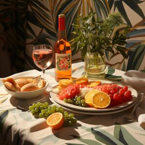 Picnic table cloth with food and drinks in the style of Henri Matisse's paper cu...