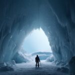 1) Film still, an atmospheric shot of an explorer standing on a frozen cliff, lo...