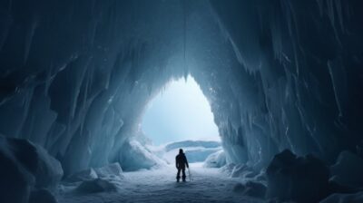 1) Film still, an atmospheric shot of an explorer standing on a frozen cliff, lo...