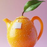 Make a teapot from a mango, with labels on it, light purple background, realisti...