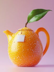 Make a teapot from a mango, with labels on it, light purple background, realisti...