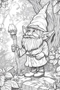 adults coloring book of A curious gnome ventures into the human world for the fi...