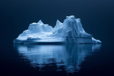 An abstract closeup photo of a beautiful sculpted iceberg floating in the ocean ...