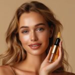 A commercial medium-full photo of female model holding and showing the serum pro...