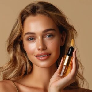 A commercial medium-full photo of female model holding and showing the serum pro...