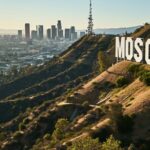 hyper-realistic, photojournalistic style, the word "MOSCOW" , Hollywood hill sig...