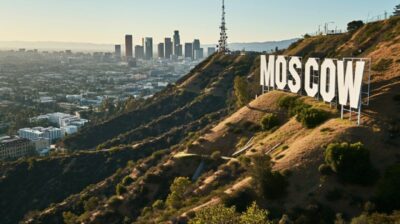 hyper-realistic, photojournalistic style, the word "MOSCOW" , Hollywood hill sig...